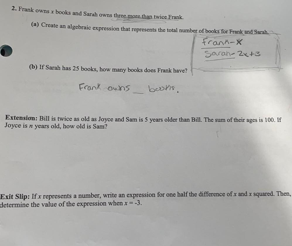 2 Frank Owns X Books And Sarah Owns Three More Than Tw Math