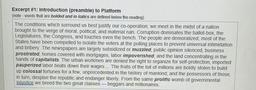 Excerpt #1: Introduction (preamble) to Platform
(note - words that are bolded and in italics are defined below the reading)
The conditions which surround us best justify our co-operation; we meet in the midst of a nation
brought to the verge of moral, poli