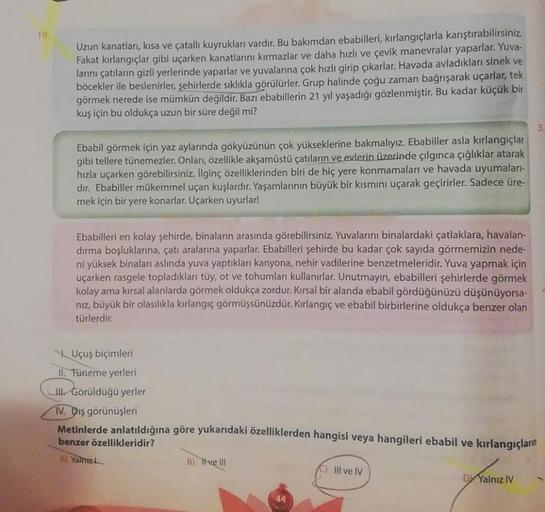 19
Uzun kanatları, kısa ve çatallı kuyrukları vardır. Bu bakımdan ebabilleri, kırlangıçlarla karıştırabilirsiniz
Fakat kırlangıçlar gibi uçarken kanatlarını kırmazlar ve daha hızlı ve çevik manevralar yaparlar. Yuva-
larını çatıların gizli yerlerinde yapar