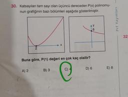 30. Katsayıları tam sayı olan üçüncü dereceden P(x) polinomu-
nun grafiğinin bazı bölümleri aşağıda gösterilmiştir.
Prf Yayinlan
y
8
32.
2
Buna göre, P(1) değeri en çok kaç olailir?
D) 6
A) 2
C)
E) 8
B) 3
