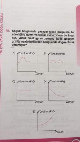 ITU ETA VAKFI DOGA KOLEJI
10. Soğuk bölgelerde yaşayıp sıcak bölgelere bir
süreliğine gelen ve tekrar evine dönen bir insa-
nin, vücut sicaklığının zamana bağlı değişim
grafiği aşağıdakilerden hangisinde doğru olarak
verilmiştir?
A) Vücut sıcaklığı
B) AVücut sıcaklığı
Zaman
Zaman
C) Vücut sıcaklığı
D) Vücut sıcaklığı
Zaman
Zaman
E) Vücut sıcaklığı
Zaman
