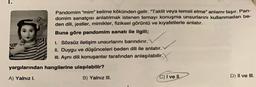 Pandomim "mim" kelime kökünden gelir. "Taklit veya temsil etme" anlamı taşır. Pan-
domim sanatçısı anlatılmak istenen temayı konuşma unsurlarını kullanmadan be-
den dili, jestler, mimikler, fiziksel görüntü ve kıyafetlerle anlatır,
Buna göre pandomim sanatı ile ilgili;
I. Sözsüz iletişim unsurlarını barındırır.
II. Duygu ve düşünceleri beden dili ile anlatır.
III. Aynı dili konuşanlar tarafından anlaşılabilir.
yargılarından hangilerine ulaşılabilir?
A) Yalnız 1.
B) Yalnız III.
C) I ve II.
D) II ve III.