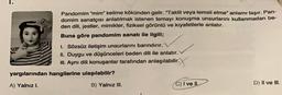 Pandomim "mim" kelime kökünden gelir. "Taklit veya temsil etme" anlamı taşır. Pan-
domim sanatçısı anlatılmak istenen temayı konuşma unsurlarını kullanmadan be-
den dili, jestler, mimikler, fiziksel görüntü ve kıyafetlerle anlatır,
Buna göre pandomim sanatı ile ilgili;
I. Sözsüz iletişim unsurlarını barındırır.
II. Duygu ve düşünceleri beden dili ile anlatır.
III. Aynı dili konuşanlar tarafından anlaşılabilir.
yargılarından hangilerine ulaşılabilir?
A) Yalnız 1.
B) Yalnız III.
C) I ve II.
D) II ve III.
