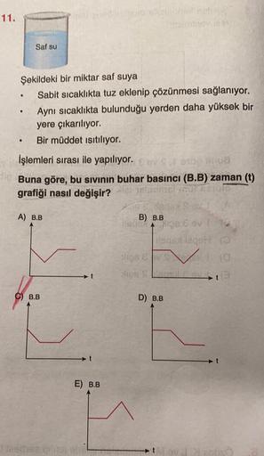 11.
Saf su
.
Şekildeki bir miktar saf suya
Sabit sıcaklıkta tuz eklenip çözünmesi sağlanıyor.
Aynı sıcaklıkta bulunduğu yerden daha yüksek bir
yere çıkarılıyor.
Bir müddet isitiliyor.
İşlemleri sırası ile yapılıyor.
OYS
Buna göre, bu sivinin buhar basıncı 