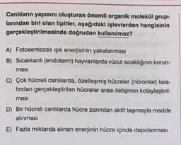 Canlıların yapısını oluşturan önemli organik molekül grup-
larından biri olan lipitler, aşağıdaki işlevlerden hangisinin
gerçekleştirilmesinde doğrudan kullanılmaz?
A) Fotosentezde işık enerjisinin yakalanması
B) Sıcakkanlı (endoterm) hayvanlarda vücut sıcaklığının korun-
masi
C) Çok hücreli canlılarda, özelleşmiş hücreler (nöronlar) tara-
findan gerçekleştirilen hücreler arası iletişimin kolaylaştırıl-
ması
D) Bir hücreli canlılarda hücre zanndan aktif taşımayla madde
alınması
E) Fazla miktarda alınan enerjinin hücre içinde depolanması