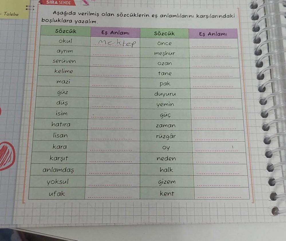 SIRA SENDE
-Talebe
Aşağıda verilmiş olan sözcüklerin eş anlamlılarını karşılarındaki
boşluklara yazalım.
Sözcük
Eş Anlamı
Sözcük
okul
... mekted önce
ayrim
meşhur
serüven
Ozan
Eş Anlamı
kelime
tane
mazi
güz
düş
isim
pak
duyuru
yemin
güç
hatıra
zaman
lisan