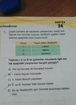 SENTEZ
24
erlendirme
4. Çeşitli canlılara ait hücrelerin sitoplazması analiz edil-
diğinde her hücrede bulunan disakkarit çeşitleri tespit
edilerek aşağıdaki tablo oluşturuluyor.
Hücre
Tespit edilen disakkarit
Laktoz
Maltoz
II
Sakkaroz
Tabloda I, II ve III ile gösterilen hücrelerle ilgili ola-
rak aşağıdaki yargılardan hangisi yanlıştır?
A) Her üç hücrede de kloroplast bulunur.
B) I. hücre hayvan hücresidir.
C) II. hücre ökaryot yapıdadır.
DY 11. ve III. hücreler bitki hücresi olabilir.
E) Bu üç disakkaritin aynı hücrede bulunması beklen-
mez.