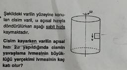 0
Şekildeki varilin yüzeyine konu-
lan cisim varil, o açısal hızıyla
döndürülürken aşağı sabit hızla
kaymaktadır.
Cisim kayarken varilin açısal
hızı 2w yapıldığında cismin
yavaşlama ivmesinin büyük-
lüğü yerçekimi ivmesinin kaç
katı olur?