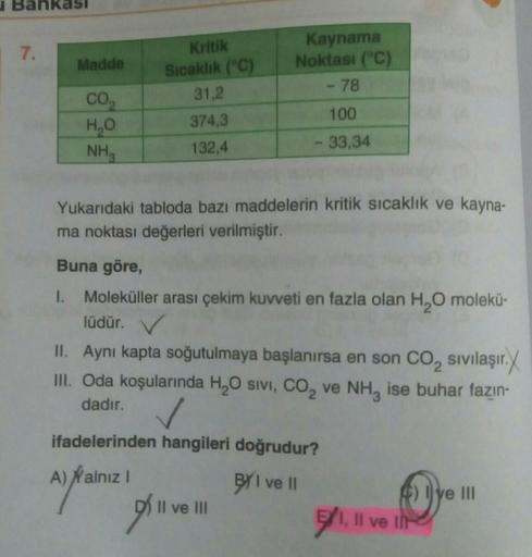 asi
7.
Madde
Kritik
Sicaklik ("C)
31,2
374,3
Kaynama
Noktası (°C)
78
100
CO
HO
NH,
132,4
- 33,34
Yukarıdaki tabloda bazı maddelerin kritik sıcaklık ve kayna-
ma noktası değerleri verilmiştir.
Buna göre,
1. Moleküller arası çekim kuvveti en fazla olan H2O m