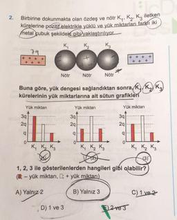2.
Birbirine dokunmakta olan özdeş ve nötr Ky, K2, Kz iletken
kürelerine pozitif elektrikle yüklü ve yük miktarları farklı iki
metal çubuk şekildeko gibi yaklaştırılıyor._
K
K₂
K₃
79
+ + +
+
+ + +
000
+ + +
+ + +
Nötr
Nötr
Nötr
Buna göre, yük dengesi sağlandıktan sonra, K., K, Kz
kürelerinin yük miktarlarına ait sütun grafikleri
Yük miktari
Yük miktarı
Yük miktarı
39
29
39
29
39
29
q
9
q
0
0
0
K, K₂ K3
K, K₂ K₃
K, K₂ K₃
(3)
1, 2, 3 ile gösterilenlerden hangileri gibi olabilir?
(1;- yük miktarı, 0; + yük miktarı)
A) Yalnız 2
B) Yalnız 3
C) 1 ve 2
D) 1 ve 3
E) 2 ve 3