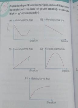 8.) Aşağıdaki grafiklerden hangisi, memell hayvanlar-
da metabolizma hızı ile çevre sıcaklığı arasındaki
ilişkiyi göstermektedir?
1.
A) Metabolizma hızı
B) Metabolizma hizi
Sıcaklık
Sicaklik
C) A Metabolizma hızı
D) Metabolizma hızı
Sıcaklık
Sıcaklık
2.
E) Metabolizma hızı
Sıcaklık