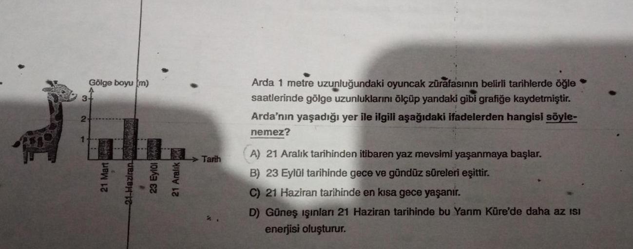 Gölge boyu (m)
A
3+
Arda 1 metre uzunluğundaki oyuncak zürafasının belirli tarihlerde öğle
saatlerinde gölge uzunluklarını ölçüp yandaki gibi grafiğe kaydetmiştir.
Arda'nın yaşadığı yer ile ilgili aşağıdaki ifadelerden hangisi söyle-
nemez?
2+
1
L
Tarih
21