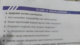 o
ÖLÇME VE
DEĞERLENDİRME
A. Aşağıdaki soruları yanıtlayınız.
1. Kita hareketleri, biyoçeşitliliği nasıl etkilemektedir?
2. Savan biyomundaki başlıca hayvan türleri hangileridir?
3. Ekosistemi oluşturan canlı grupları hangileridir?
Teti
4. Su döngüsünün canlılar üzerindeki etkileri nelerdir?
5. Karbon hangi ortamlarda bulunmaktadır?
6. İnsanlar oksijen döngüsüne nasıl müdahale etmektedir?
yerlerini uygun sözcüklerle tamamlayınız