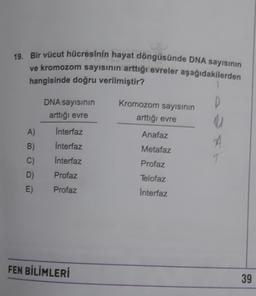 Kromozom sayısının
19. Bir vücut hücresinin hayat döngüsünde DNA sayısının
ve kromozom sayısının arttığı evreler aşağıdakilerden
hangisinde doğru verilmiştir?
DNA sayısının
D
arttığı evre
arttığı evre
A)
Interfaz
Anafaz
A
B) Interfaz
Metafaz
C) Interfaz
Profaz
D) Profaz
Telofaz
E) Profaz
Interfaz
1
FEN BİLİMLERİ
39