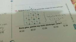 14. Aşağıda 9 tane bi lik karelerden oluşan bir kare verilmiştir.
1
2
( = 10
10. SINIF SARMAL MATEMATIK
anoe.
1
23
1+2+1 +2 +3 +12
3 + 3 + 3 + 12
9
Buna göre, şekilde kaç farklı dikdörtgen vardır?
A) 24 B) 27 C) 30 D) 33 E) 36
42
E) 10
1