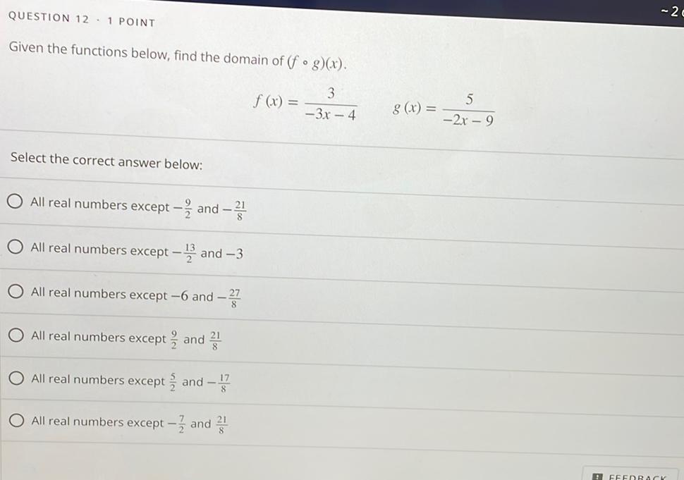 QUESTION 12 1 POINT 20 Given The Functions Below Find Math