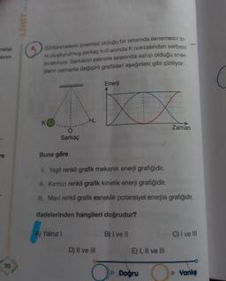 LIMIT
metal
sinin
Sürtünmelerin önemsiz olduğu bir ortamda esnemesiz ip-
le oluşturulmuş sarkaç t=0 anında k noktasından serbest
bırakılıyor. Sarkacın salınımı sırasında sahip olduğu ener-
jilerin zamanla değişim grafikleri aşağıdaki gibi çiziliyor.
Enerji
Zaman
Sarkaç
re
Buna göre
1. Yeşil renkli grafik mekanik enerji grafiğidir.
II. Kırmızı renkli grafik kinetik enerji grafiğidir.
III. Mavi renkli grafik esneklik potansiyel enerjisi grafiğidir.
ifadelerinden hangileri doğrudur?
A) Yalnız
B) I ve II
C) I ve III
D) II ve II
E) I, II ve III
70
- Doğru o
Yanlış