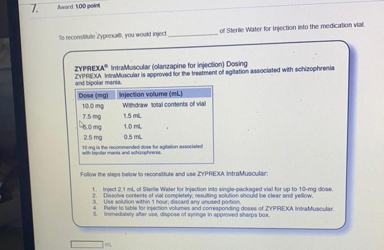 7. Award 1.00 point of Sterile Water for Injection int... Math