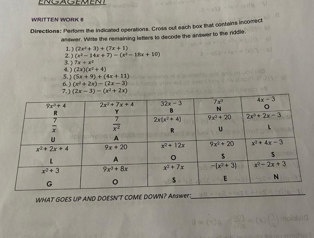 No You WRITTEN WORK 6 Directions Perform The Indicated Math