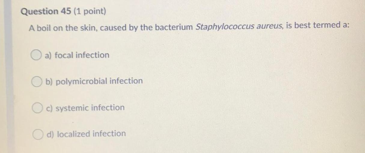 Question 45 (1 point)
A boil on the skin, caused by the bacterium Staphylococcus aureus, is best termed a:
O a) focal infection
b) polymicrobial infection
c) systemic infection
d) localized infection