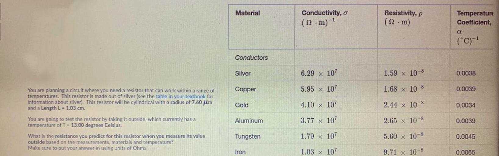 Material
Conductivity, o
(12.m)-1
Resistivity, p
(22.m)
Temperature
Coefficient,
a
(°C)-1
C
Conductors
Silver
6.29 X 107
1.59 x 10-8
0.0038
Copper
5.95 x 107
1.68 x 10-8
0.0039
Gold
You are planning a circuit where you need a resistor that can work within a range of
temperatures. This resistor is made out of silver (see the table in your textbook for
information about silver). This resistor will be cylindrical with a radius of 7.60 pm
and a Length L = 1.03 cm.
You are going to test the resistor by taking it outside, which currently has a
temperature of T = 13.00 degrees Celsius.
4.10 x 107
2.44 x 10-8
0.0034
Aluminum
3.77 x 107
2.65 x 10-8
0.0039
Tungsten
1.79 x 107
5.60 x 10-8
0.0045
What is the resistance you predict for this resistor when you measure its value
outside based on the measurements, materials and temperature?
Make sure to put your answer in using units of Ohms.
Iron
1.03 x 107
9.71 x 10-8
0.0065