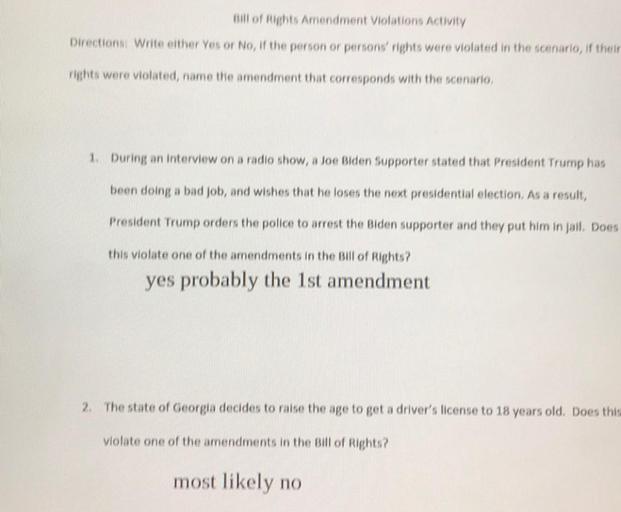 Bill of Rights Amendment Violations Activity Directi... Biology