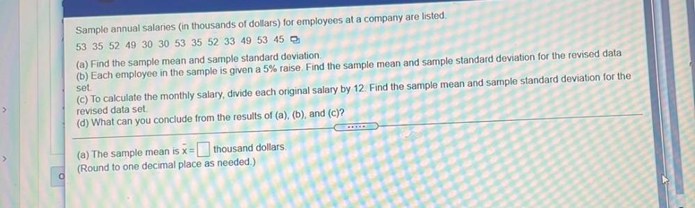 Sample Annual Salaries In Thousands Of Dollars For Emp Math