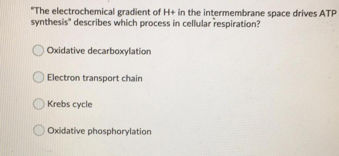 "The electrochemical gradient of H+ in the intermemb... Biology