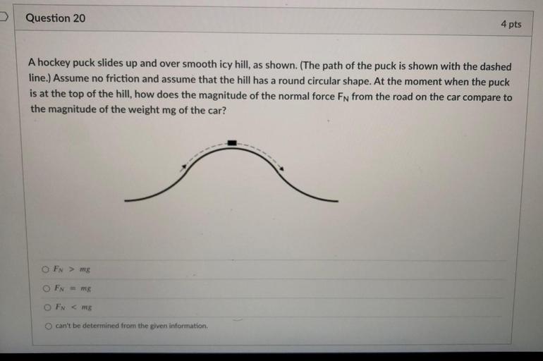 Question 20 4 pts A hockey puck slides up and over s... Physics