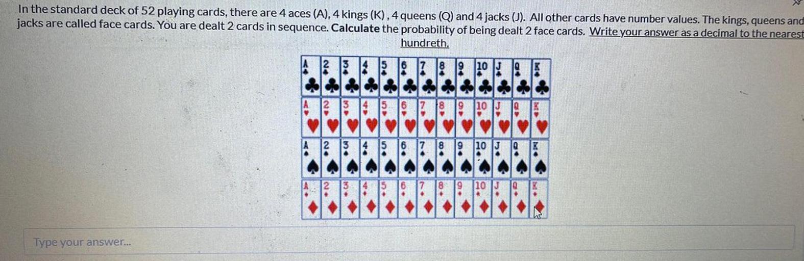In the standard deck of 52 playing cards, there are 4 a... Math