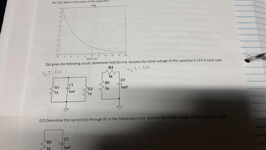 be 1kn2, what is the value of the capacitor?
Ve(t)
10
9
8
7
6
5
4
3
2.
1
0
0
16
14
20
18
6
2
4
10 12
time is sec
Q6) given the following circuit, determine Vc(t) for t>O. Assume the initial voltage of the capacitor is 12V in each case.
R2
vot=120
Vo Talv
C1
C1
R1
1k
R1
R2
1mf
imf
1k
1k
Q7) Determine the current i(t) through R1 in the following circuit, assume the initial voltage of the capacitor is 10V.
C1
R1
1mf