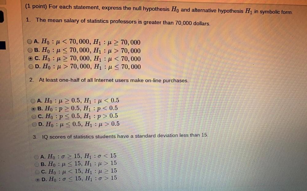  1 Point For Each Statement Express The Null Hypothes Math