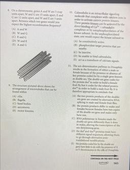 8. On a chromosome, genes A and Ware 5 map
units apart, W and G are 15 units apart, E and
Gare 12 units apart, and W and E are 3 units
apart. Between which two genes would you
expect the highest recombination frequency?
(A) A and w
(B) Wand G
(C) E and G
(