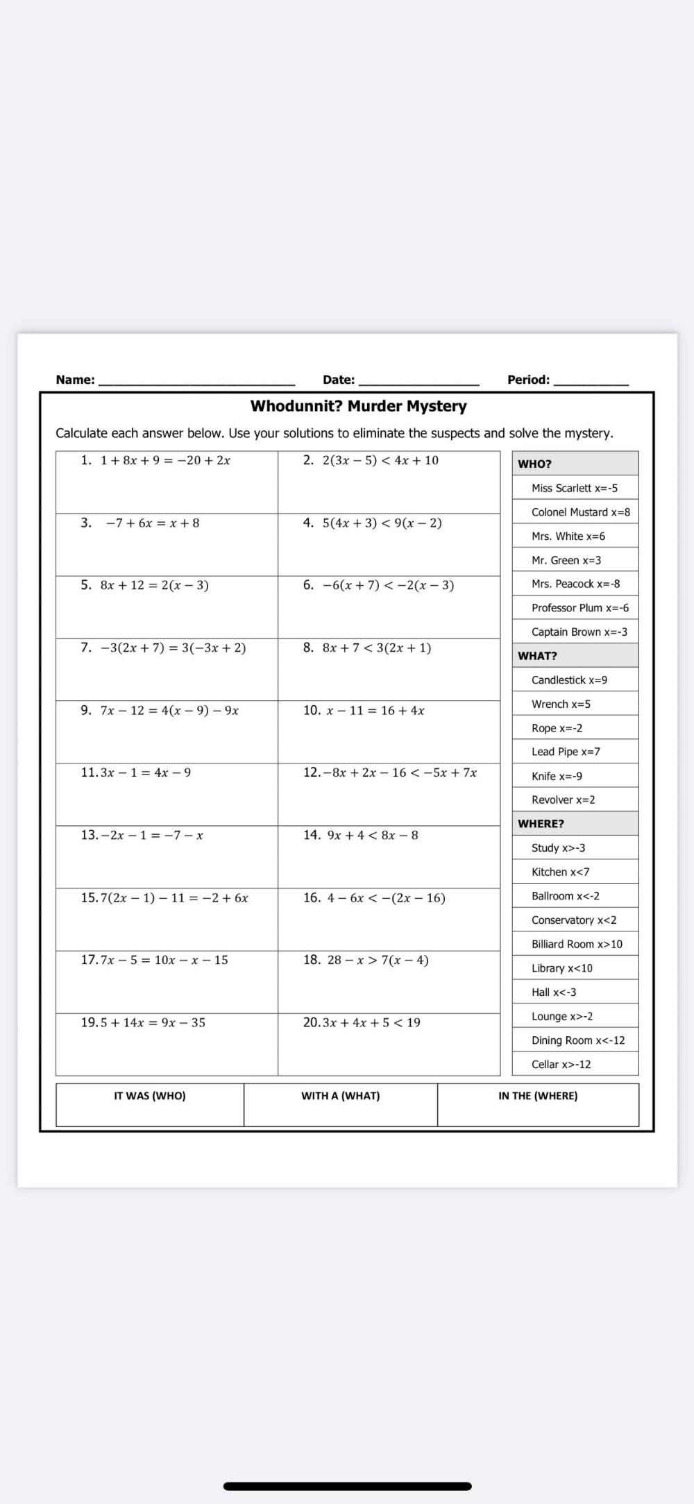 Name Date Period Whodunnit Murder Mystery Calculate Math