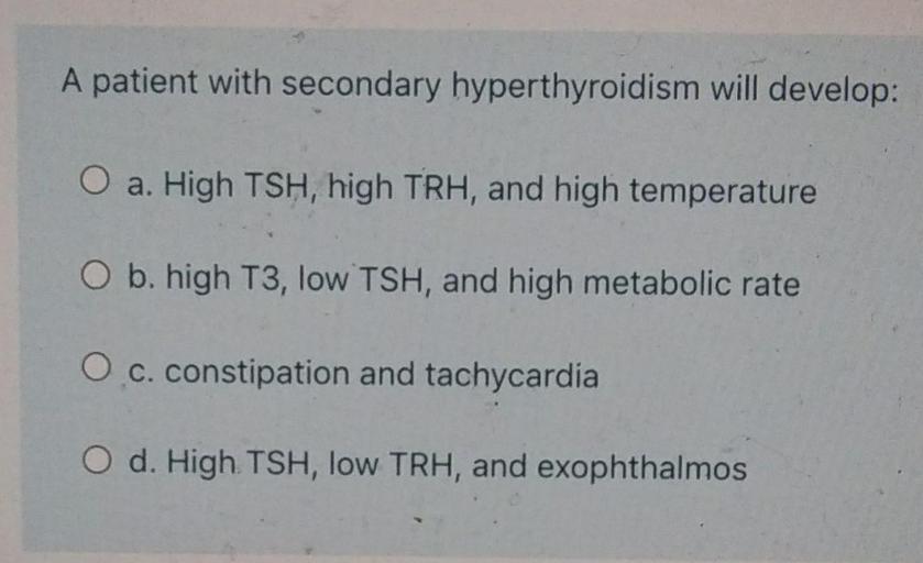 A patient with secondary hyperthyroidism will develo... Biology
