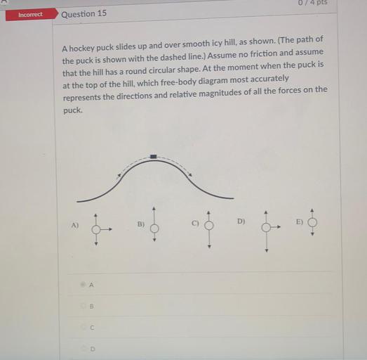 074 pts Incorrect Question 15 A hockey puck slides u... Physics