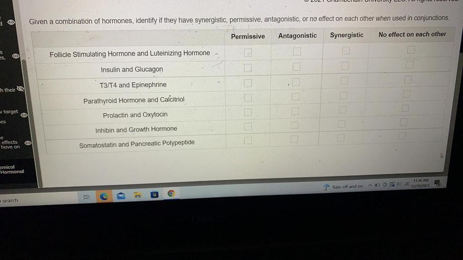U ZULT UNTUITINCTUM UNIVCI JILY LLU. WHILTOUUN uu.
Given a combination of hormones, identify if they have synergistic, permissive, antagonistic, or no effect on each other when used in conjunctions.
Permissive
Antagonistic
Synergistic
No effect on each other
Follicle Stimulating Hormone and Luteinizing Hormone
Insulin and Glucagon
T3/T4 and Epinephrine
h their
Parathyroid Hormone and Calcitriol
v target
©
Prolactin and Oxytocin
es
Inhibin and Growth Hormone
e
effects
have on
Somatostatin and Pancreatic Polypeptide
emical
Hormonal
11:36 AM
12/10/2021
Rain off and on
O
I
C
search