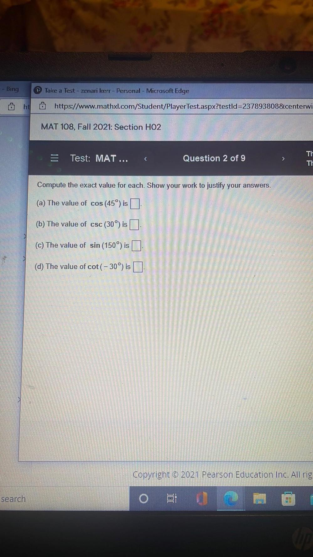 VOLONA Bing Take a Test - zenari kerr - Personal - Micr... - Math