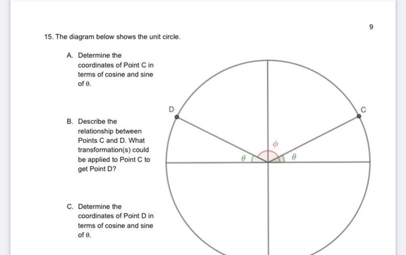 9
15. The diagram below shows the unit circle.
A. Determine the
coordinates of Point Cin
terms of cosine and sine
of e.
C
B. Describe the
relationship between
Points C and D. What
transformation(s) could
be applied to Point to
get Point D?
C. Determine the
coordinates of Point Din
terms of cosine and sine
of e.