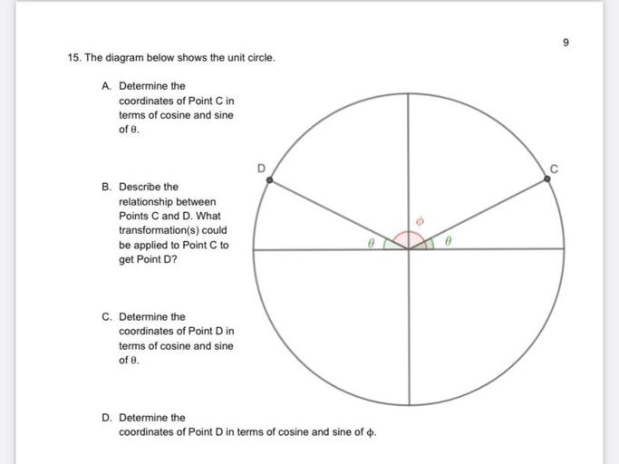 9
15. The diagram below shows the unit circle.
A. Determine the
coordinates of Point C in
terms of cosine and sine
of e.
C
B. Describe the
relationship between
Points C and D. What
transformation(s) could
be applied to Point C to
get Point D?
0
C. Determine the
coordinates of Point Din
terms of cosine and sine
of e.
D. Determine the
coordinates of Point D in terms of cosine and sine of o.
