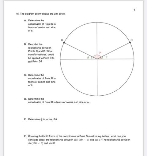 9
15. The diagram below shows the unit circle.
A. Determine the
coordinates of Point C in
terms of cosine and sine
of e.
D
C
B. Describe the
relationship between
Points C and D. What
transformation(s) could
be applied to Point C to
get Point D?
C. Determine the
coordinates of Point Din
terms of cosine and sine
of e.
D. Determine the
coordinates of Point D in terms of cosine and sine of .
E. Determine o in terms of e.
F. Knowing that both forms of the coordinates to Point D must be equivalent, what can you
conclude about the relationship between cos(180 - 0) and cose? The relationship between
sin(180 - 0) and sine?