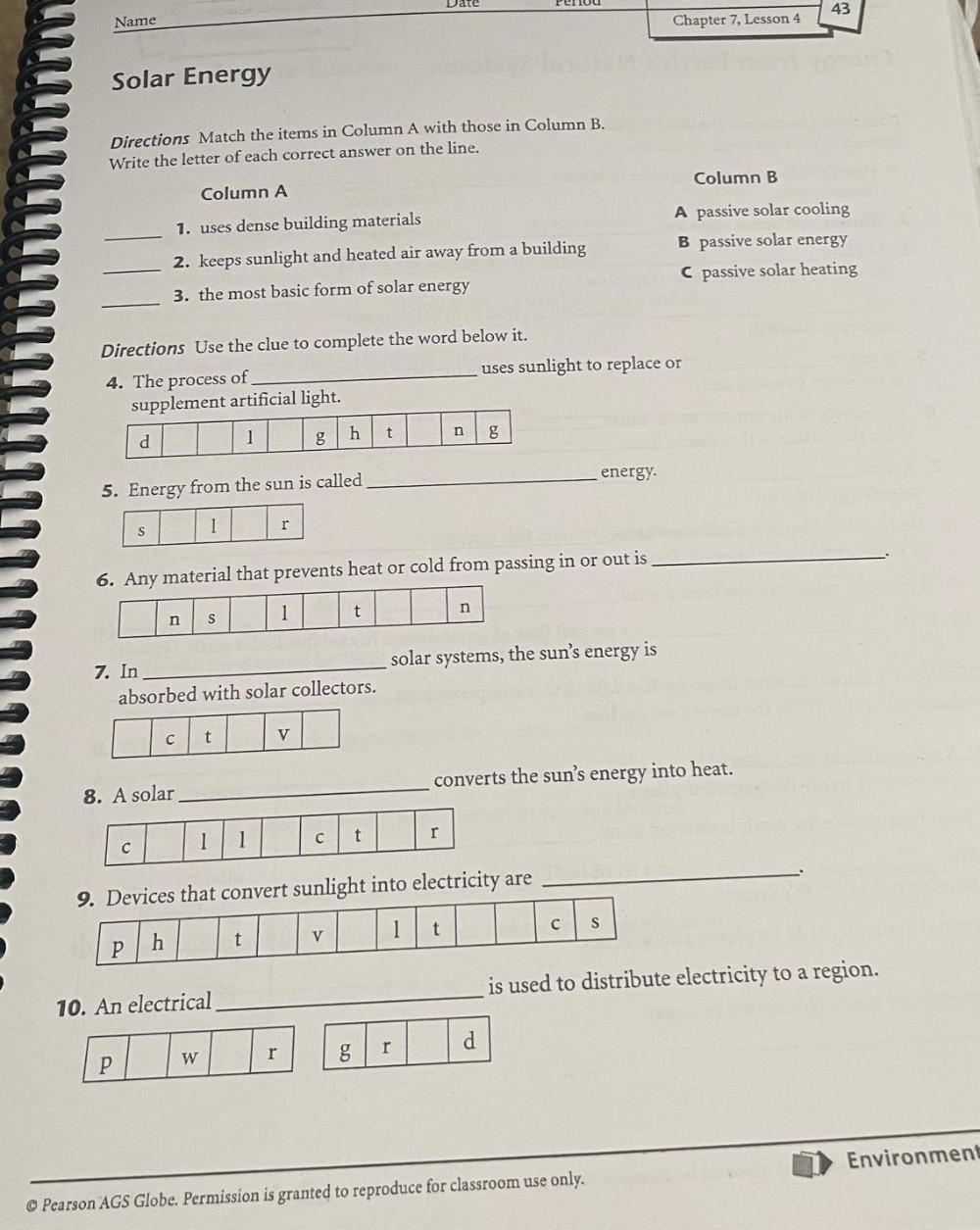 Date 43 Name Chapter 7 Lesson 4 Solar Energy Direct Biology