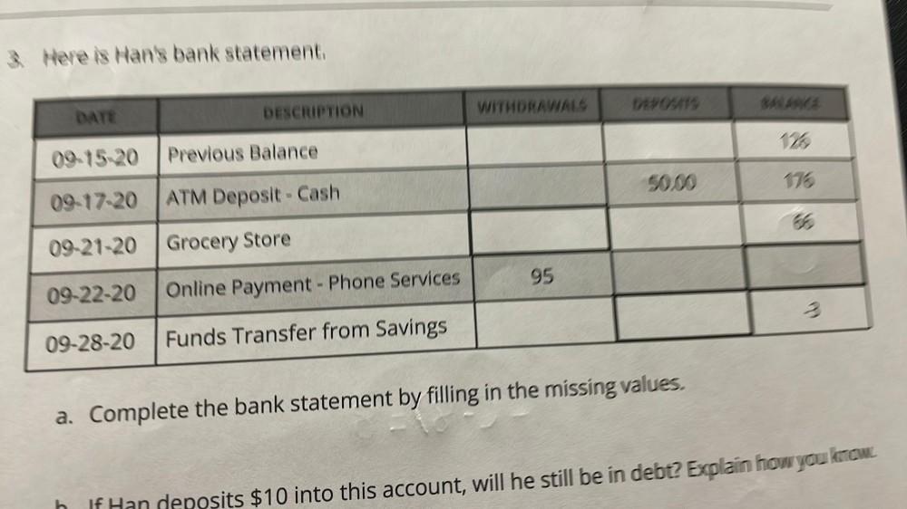 3 Here Is Han s Bank Statement WITHDRAWIALS DESCRIPTION Math