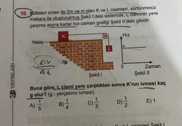 10. kütleleri sırası ile 2m ve m olan K ve L cisimleri, sürtünmesiz
makara ile oluşturulmuş Şekil I'deki sistemde, L Cisminin yere
çarpma anına kadar hız-zaman grafiği Şekil Il'deki gibidir.
K
Hız
Yatay.
3D YAYINLARI
DU
At
Zaman
Şekil 1
Şekil 11
Buna göre, L cismi yere çarptıktan sonra K'nin ivmesi kaç
golur? (g: yerçekimi ivmesi)
1
A)
)
E) 1
5
B)
W1
D)
Ko cisimleri Sekil
