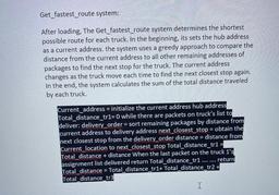 Get_fastest_route system:
After loading, The Get_fastest_route system determines the shortest
possible route for each truck. In the beginning, its sets the hub address
as a current address, the system uses a greedy approach to compare the
distance from the
