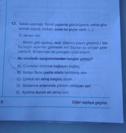 12. Sakalı uzamıştı. Yirmili yaşlarda gözüküyordu yalnız göz-
lerinde büyük, korkak, acele bir şeyler vardı. (...)
0, devam etti:
Benim gibi ağabey, dedi. (Üstünü başını gösterdi.) İşte
bu biçim adamlar görmedin mi? Bazıları şu yoldan gele-
ceklerdi. Birta