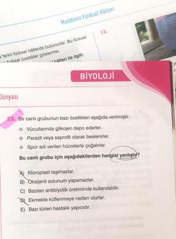 Maddenin Fiziksel Hâlleri
13.
1
a farklı fiziksel hâllerde bulunurlar. Bu fiziksel
** fiziksel özellikler gösterirler.
- hâlleri ile ilgili;
ir
BİYOLOJİ
Dünyası
23. Bir canlı grubunun bazı özellikleri aşağıda verilmiştir.
☆ Vücutlarında glikojen depo ederler.
→ Parazit veya saprofit olarak beslenirler.
→ Spor adı verilen hücrelerle çoğalırlar.
Bu canlı grubu için aşağıdakilerden hangisi yanlıştır?
A) Kloroplast taşımazlar.
B) Oksijenli solunum yapamazlar.
C) Bazıları antibiyotik üretiminde kullanılabilir.
D) Ekmekte küflenmeye neden olurlar.
E) Bazı türleri hastalık yapıcıdır.