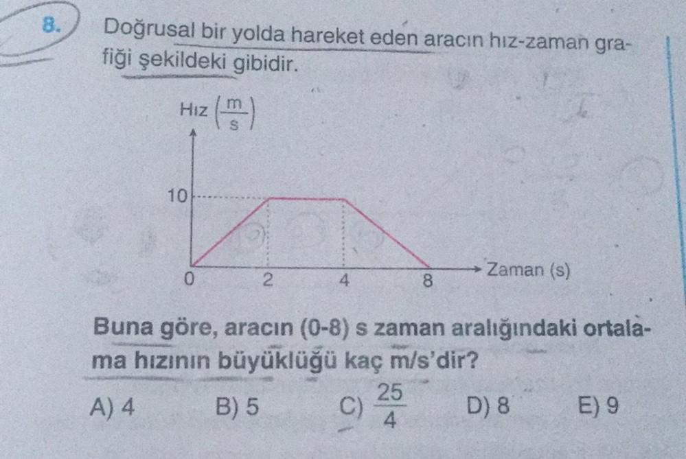 8. Doğrusal bir yolda hareket eden aracın hız-zaman gr... - Fizik