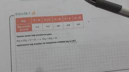 Etkinlik-1
C-C
C-CI
C-H
CEC
H-CI
Bağ
348
340
430
414
610
Bağ enerjisi
(kJ/mol)
Tabloda verilen bağ enerjilerine göre,
CH2=CH2 + H-CI - CH3 - CH2 - CI
tepkimesinin bağ enerjileri ile hesaplanan entalpisi kaç kJ dir?
