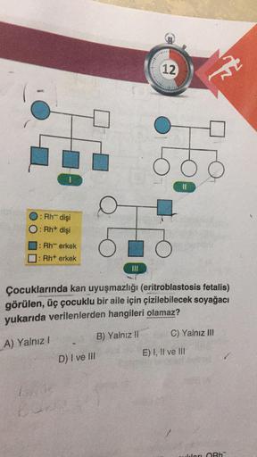 12
It
II
O
: Rh- dişi
O: Rh+ dişi
Rh- erkek
: Rht erkek
Çocuklarında kan uyuşmazlığı (eritroblastosis fetalis)
görülen, üç çocuklu bir aile için çizilebilecek soyağacı
yukarıda verilenlerden hangileri olamaz?
B) Yalnız !!
C) Yalnız III
A) Yalnız!
E) I, II